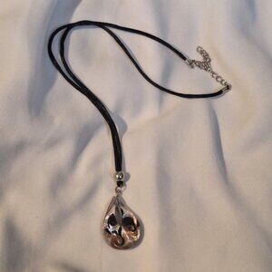 Vintage Italian Murano Glass Teardrop Black, Purple, Gold Pendant Necklace